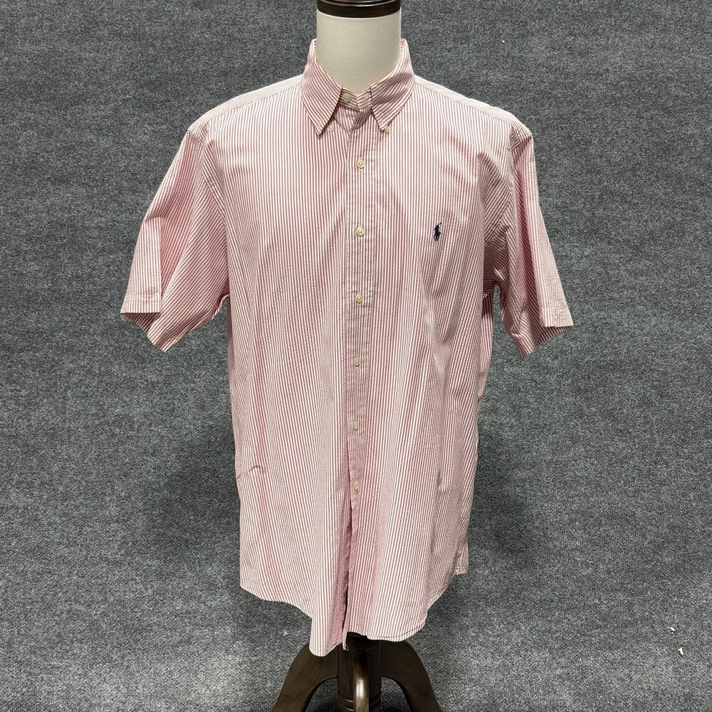 Ralph Lauren Shirt Mens XL Red White Striped Short Sleeve Button Down Casual